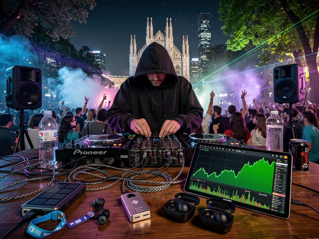 Rave portatile a Milano con mixer AI, auricolari wireless e chart crypto RaveDAO in surge