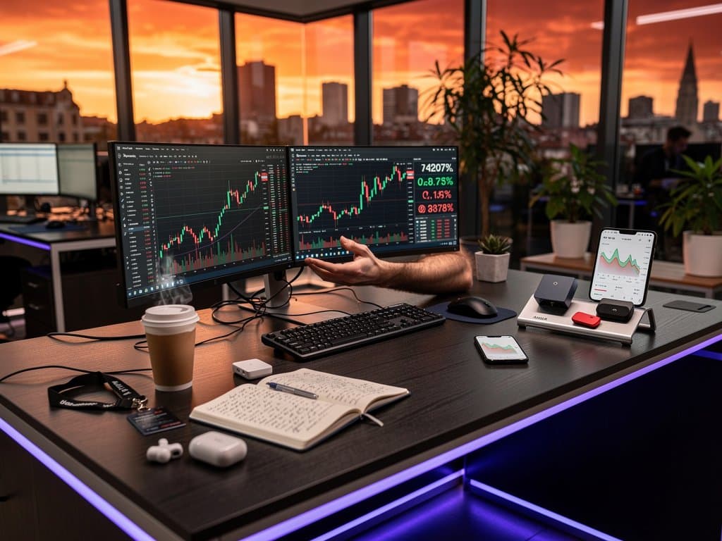 Grafici RAVE surging su monitor, Ledger Nano X su smartphone, setup trading high-tech con vista Milano