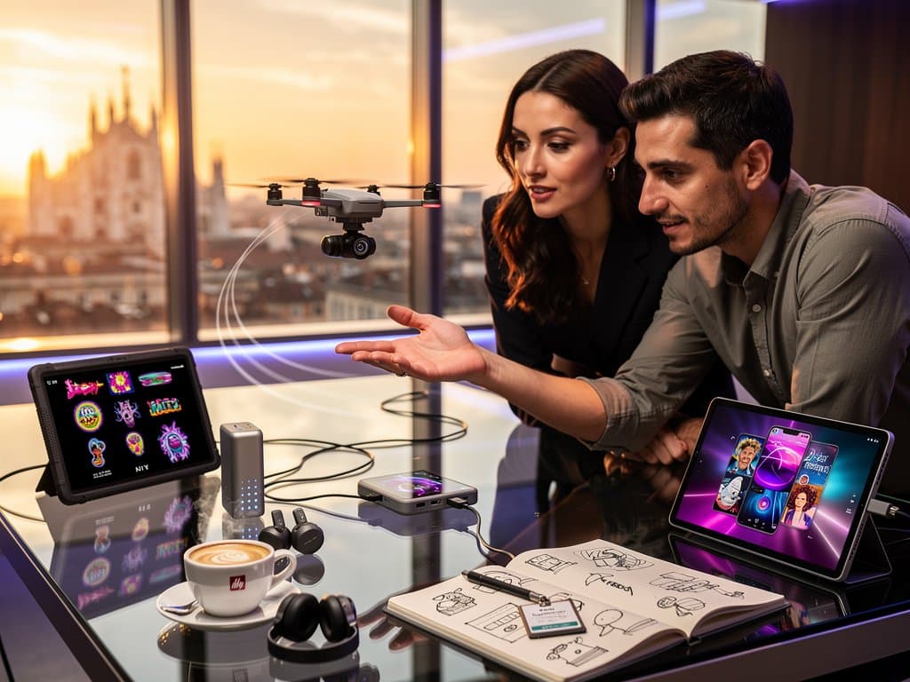Gadget portatili AI per meme: power bank, tablet e pocket generator su tavolo high-tech con skyline Milano