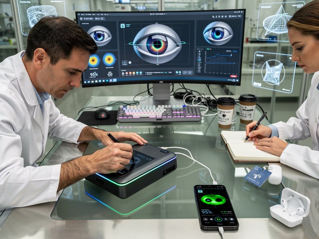 Dispositivo AI portatile per strabismo collegato a smartphone in lab tech con analisi pupillari su schermo