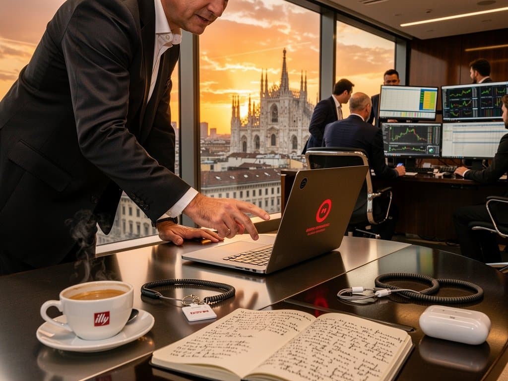 Ufficio cybersecurity milanese con MacBook PanicLock, monitor codici GitHub e rack server