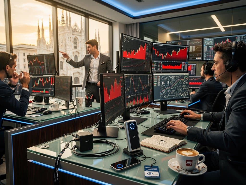 Grafici Cardano ADA in calo su schermi trading con wallet portatili e gadget in ufficio high-tech milanese