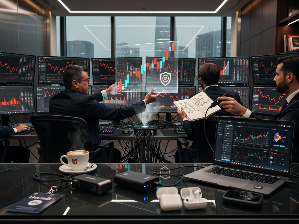 Grafici Dogecoin rossi su monitor con wallet hardware Ledger e Trezor collegati, setup trading portatile high-tech