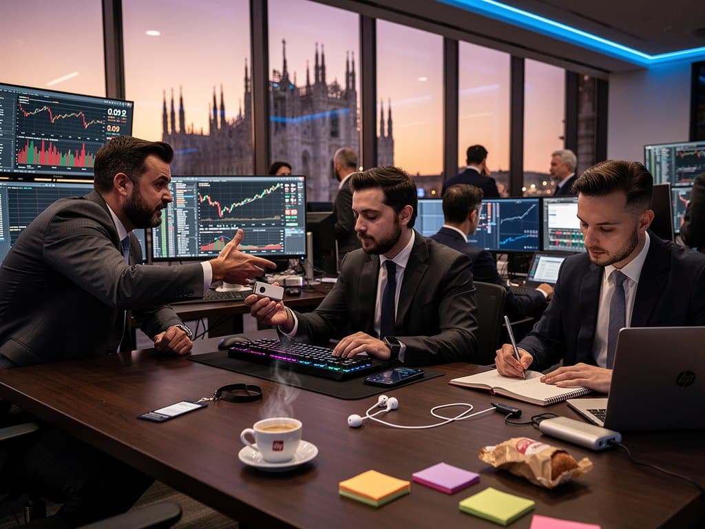 Trading desk milanese con grafici Dogecoin in calo a 0,09 USD, wallet hardware e skyline Duomo