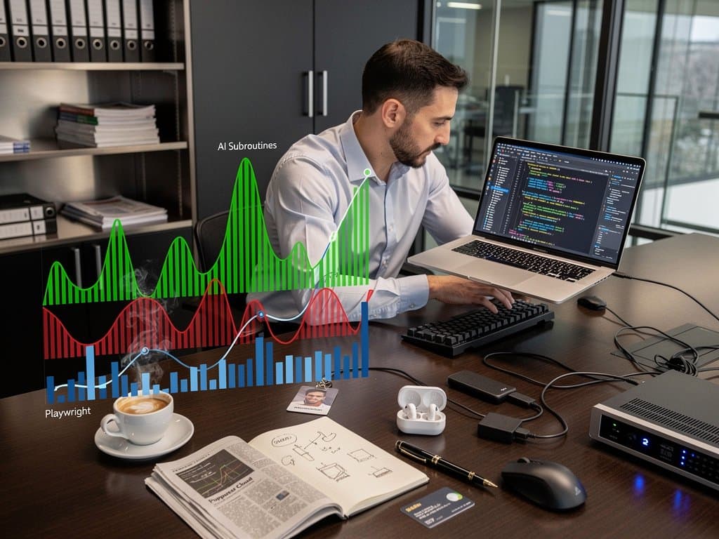 Desk tech con laptop Chrome AI Subroutines, grafici score DOM +28, rack server e gadget portatili