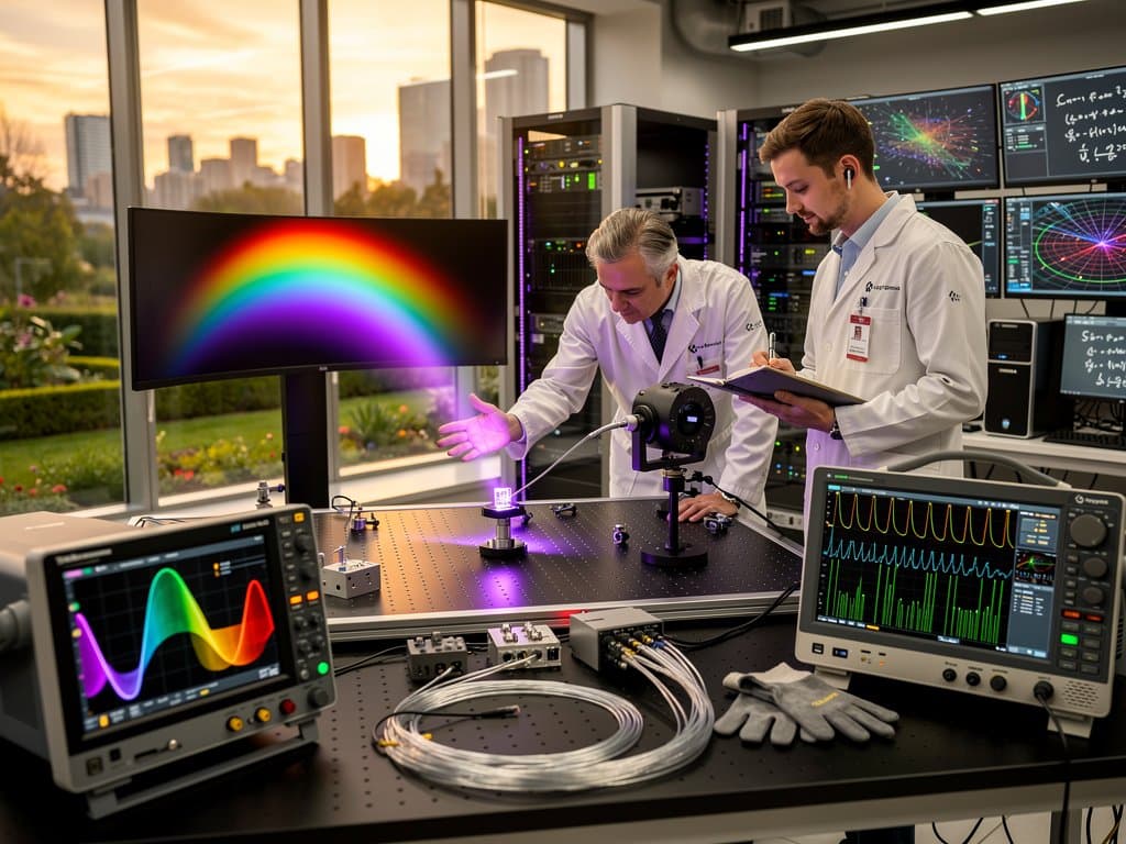 Microchip laser NIST emette spettro multicolore in laboratorio fotonica high-tech con attrezzature ottiche