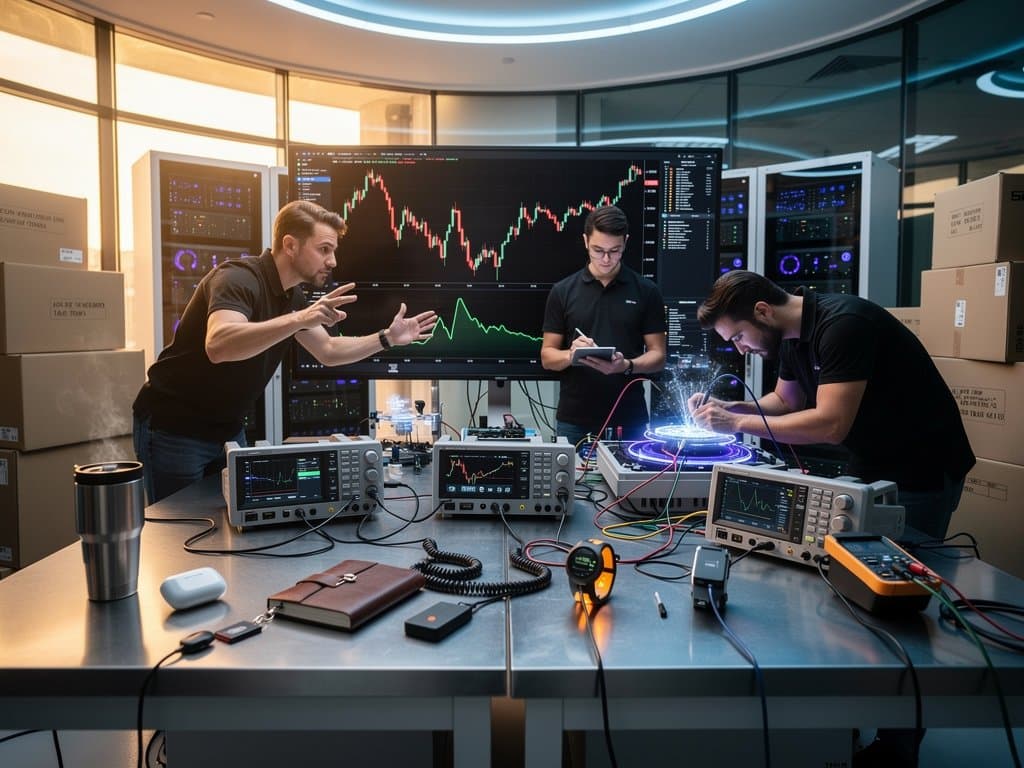 Grafici MemeCore in ribasso su monitor lab tech, chip AI e gadget portatili su banco, luci server blu sfondo