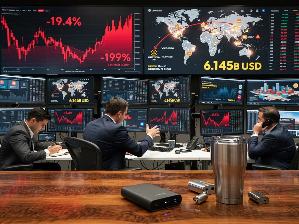 Grafici MemeCore in calo su terminali trading con mappe supply chain gadget e power bank su desk high-tech