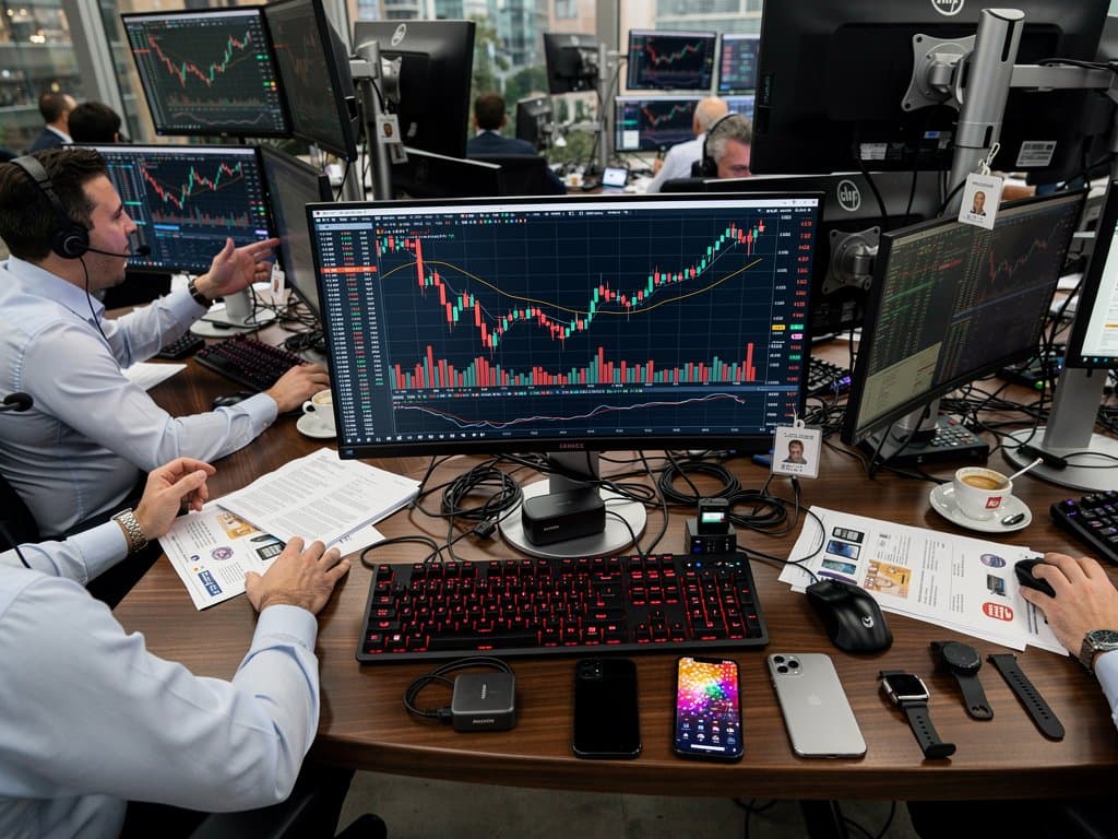 Grafici rossi MemeCore a $3.57 su monitor trading con gadget smartphone e wearable, vista Milano