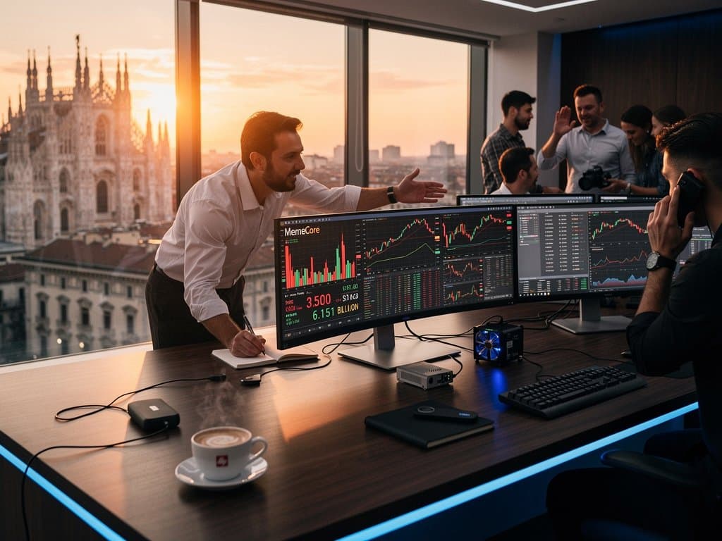 Grafici rossi MemeCore su monitor, Ledger Nano X e miner Bitaxe su desk high-tech milanese