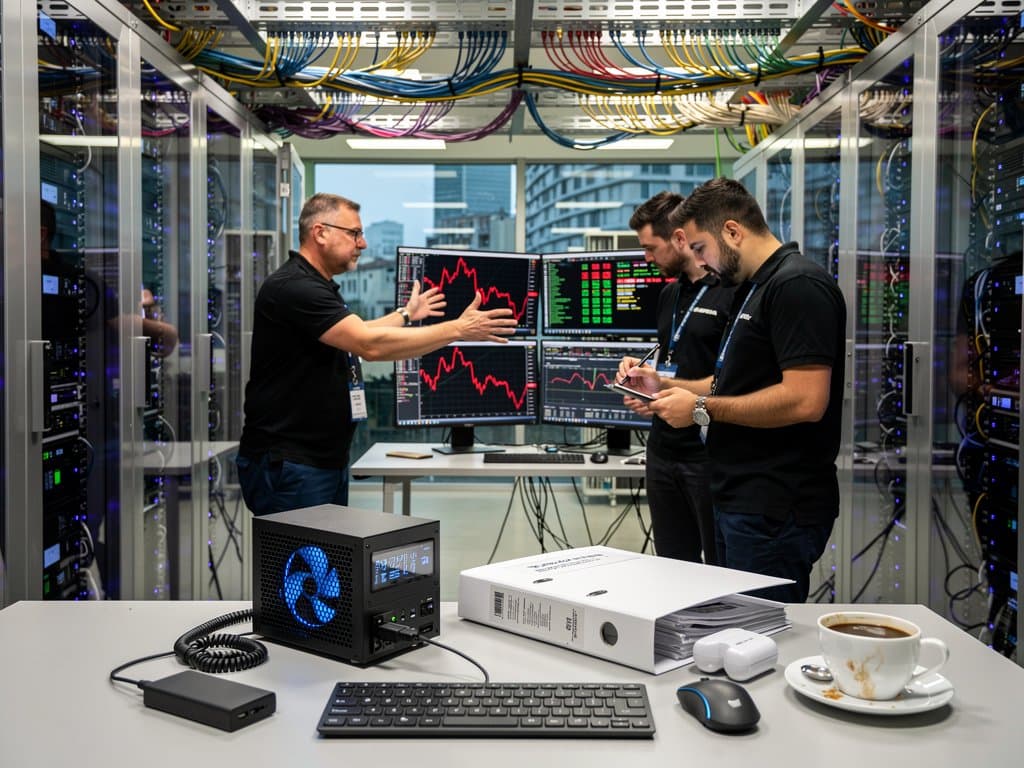 Data center high-tech con miner portatili MemeCore M, grafici crollo crypto e gadget mining MiCA compliant