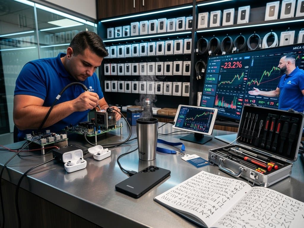 Dongle mining USB collegato a smartphone con grafici crypto crollo e wallet hardware su scaffali tech