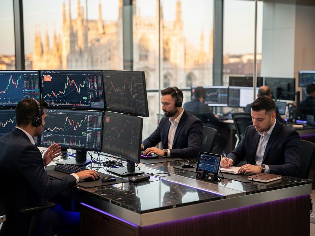 Schermi multipli con grafici crypto, hardware wallet e gadget portatili su desk trading high-tech