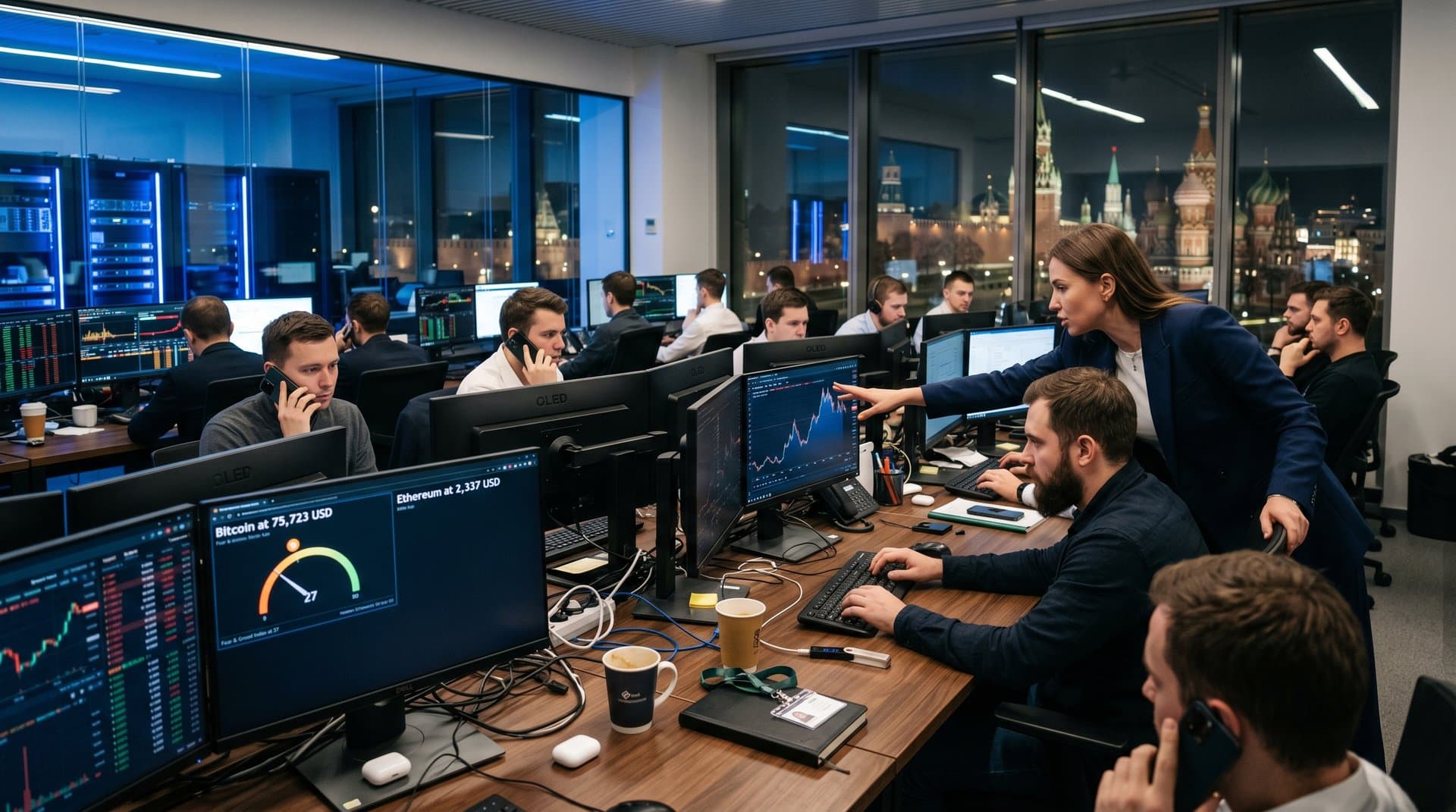 Trading floor Sberbank Mosca: grafici BTC 75.723 USD, Fear & Greed 27, desks tech e Ledger wallet