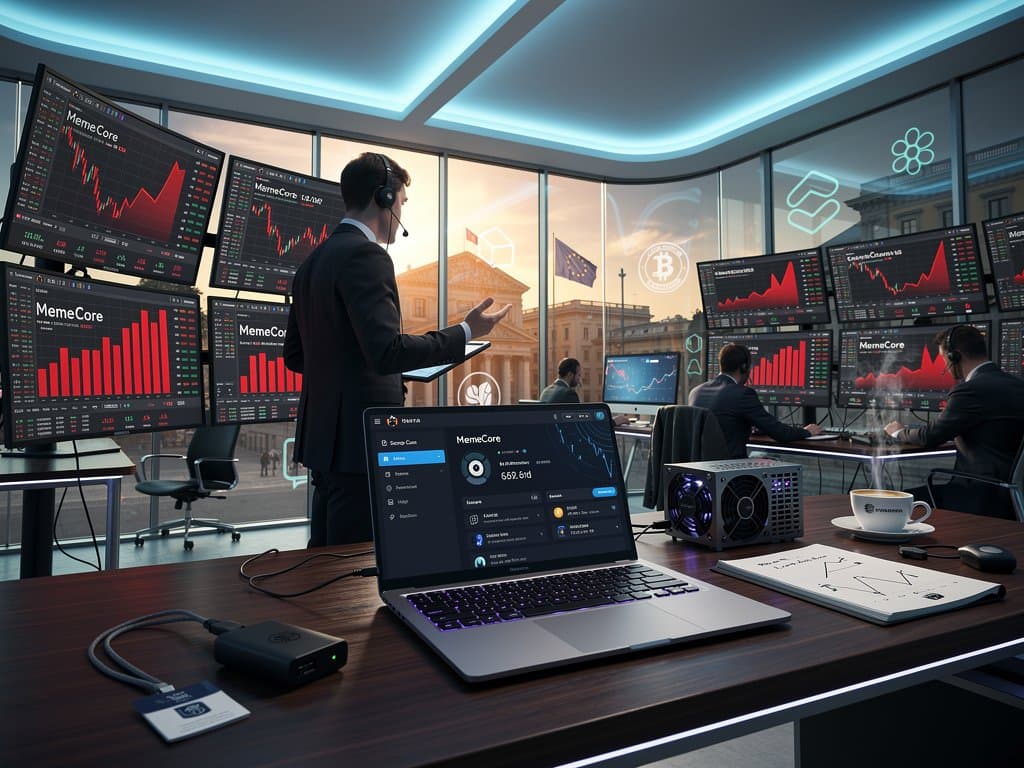 Grafici MemeCore in rosso su monitor trading floor high-tech con gadget crypto portatili e desk professionali