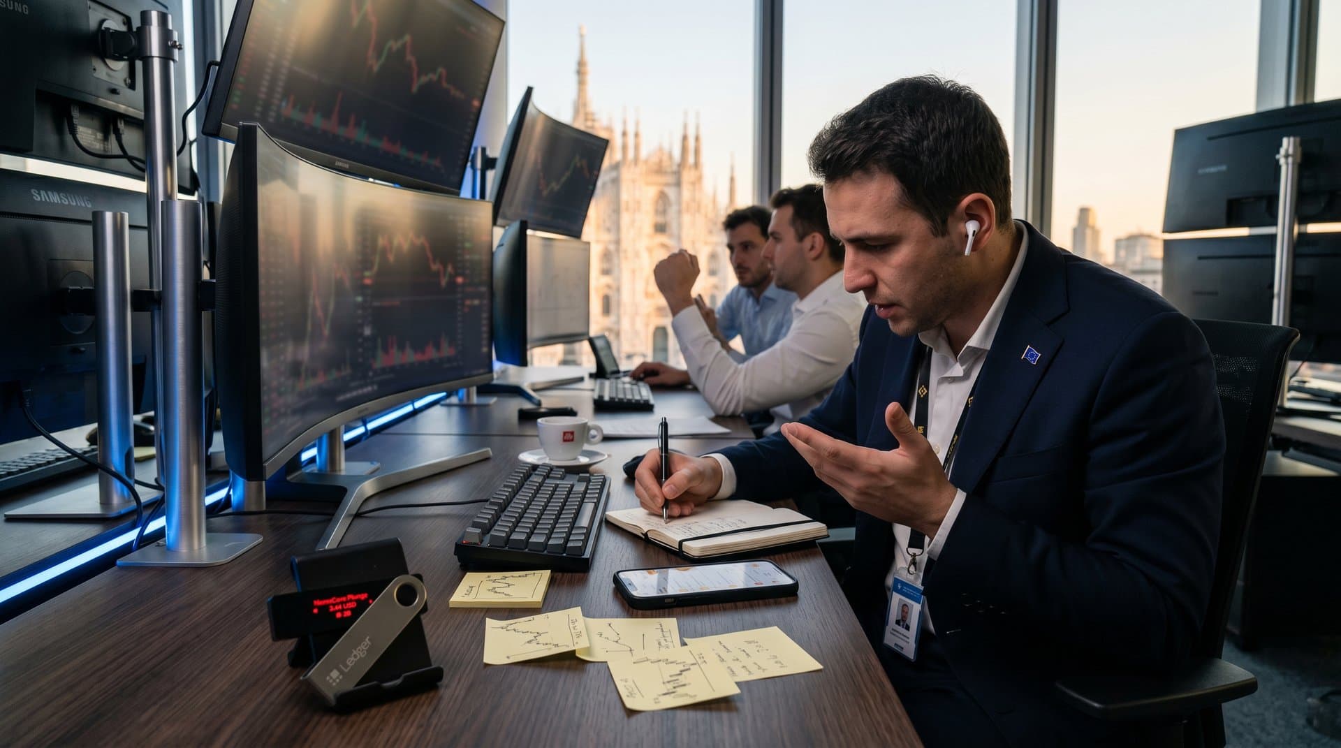 Hardware wallet Ledger con grafico MemeCore prezzo in calo, setup tech italiano con app crypto e monitor