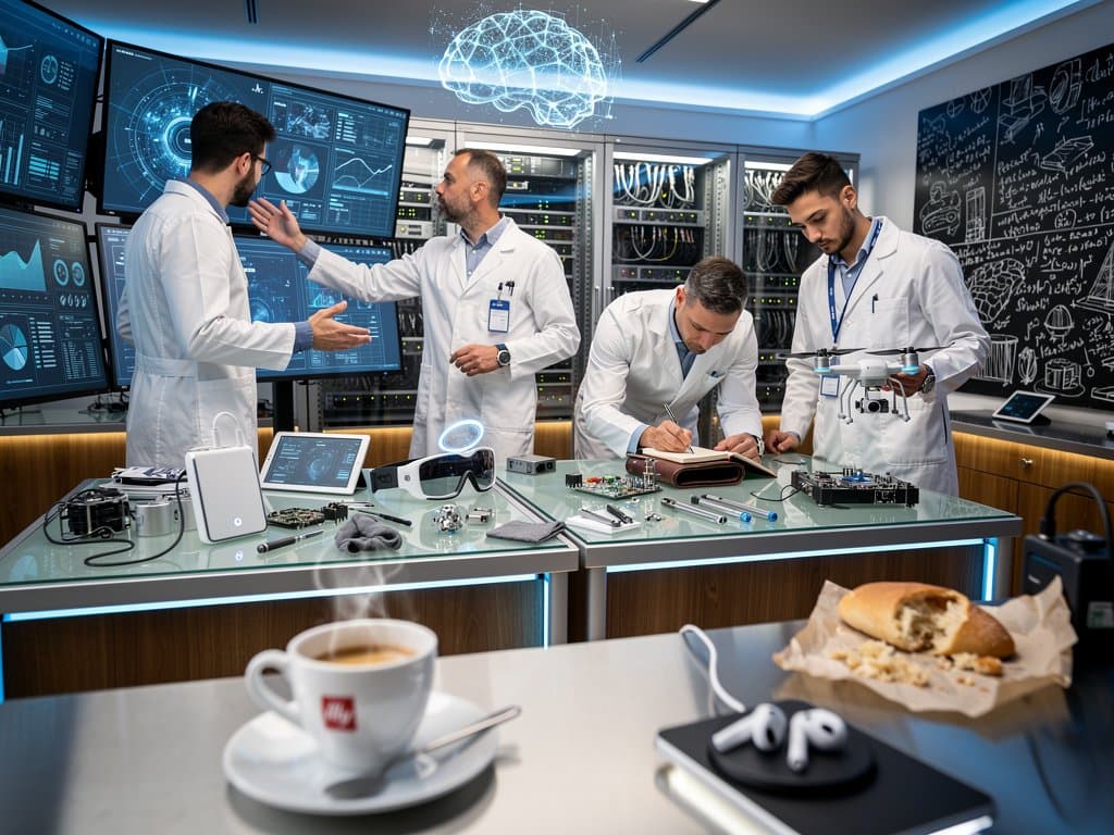 Laboratorio tech con grafici crypto calo e prototipi gadget AI portatili