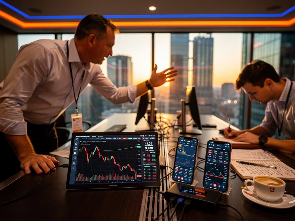 Setup trading con power bank Anker collegato a laptop e smartphone, grafici HYPE rossi su schermi multipli in ufficio finanziario moderno