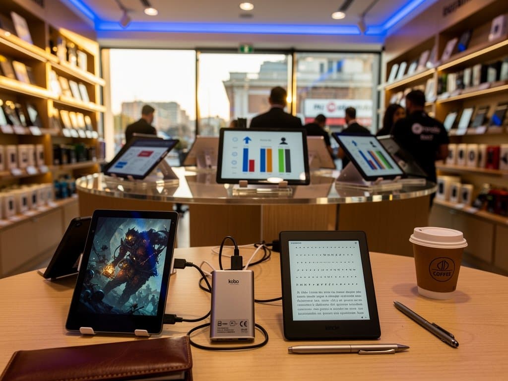 Scaffali tech store italiano con e-reader Kobo Libra Colour e Kindle Paperwhite illuminati, confronti batterie su monitor 4K