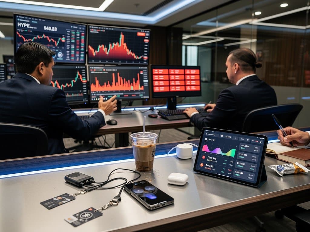 Desk trading con grafici HYPE token $40.83, Ledger Nano X su smartphone e power bank, stile high-tech italiano