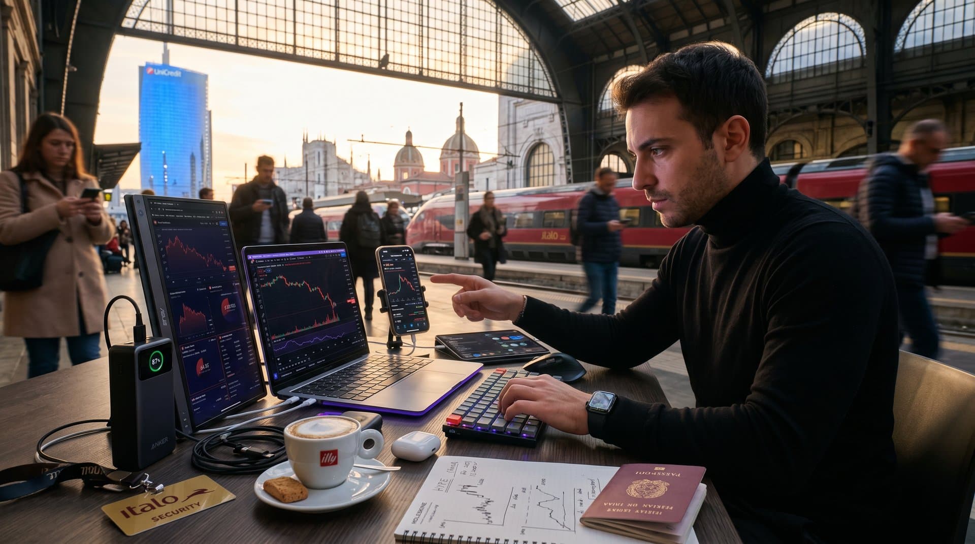 Desk trading milanese con monitor multipli su grafici HYPE rossi, gadget portatili come iPhone e MacBook per trader DeFi italiani