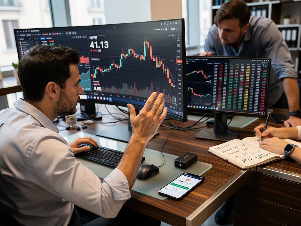 Grafici HYPE in calo su monitor, smartphone con wallet e power bank su desk trading high-tech