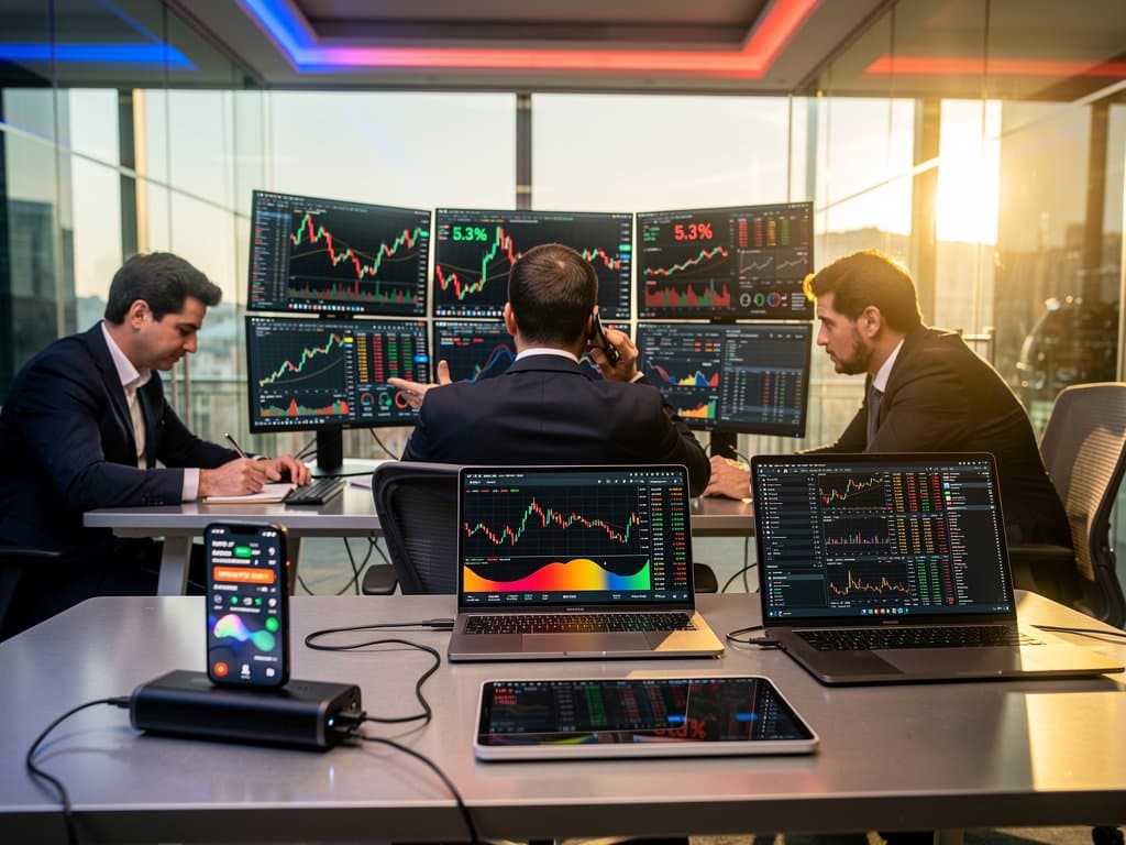 Desk trading high-tech con grafici HYPE token, power bank Anker, iPad Air e MacBook Air per monitorare volatilità crypto