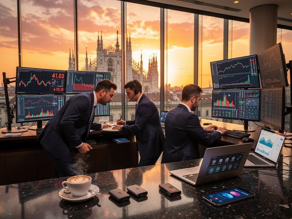 Grafico HYPE Hyperliquid su monitor con wallet hardware Ledger e Trezor in trading desk milanese moderno