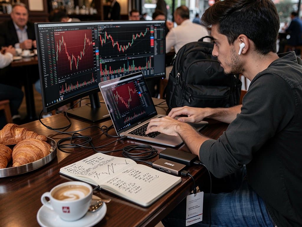 Trader con laptop e monitor portatile collegati via adattatore USB-C, grafici Hyperliquid HYPE in rosso, setup mobile in caffè italiano
