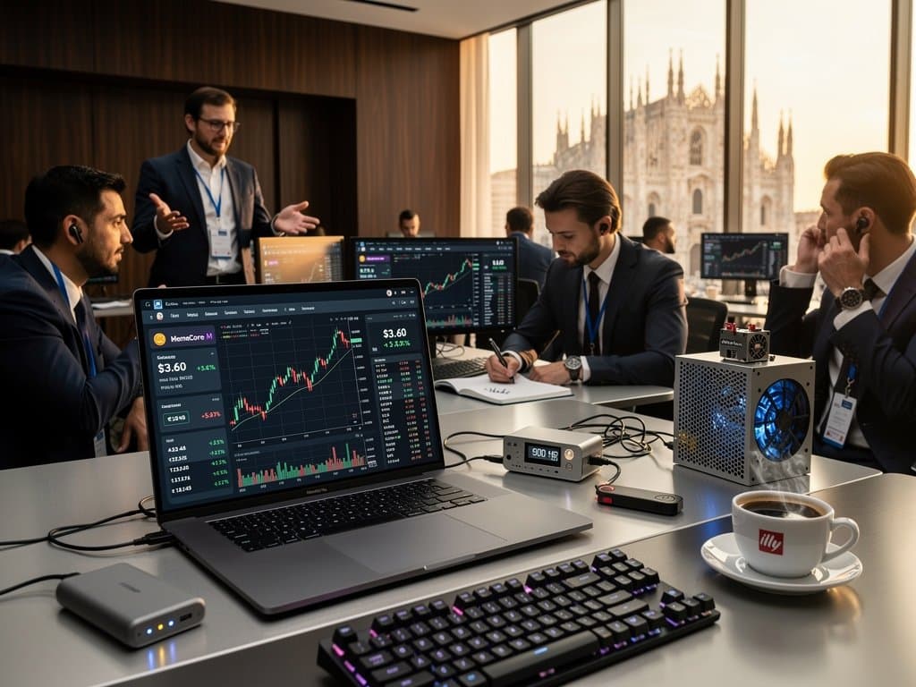 Desk trading Milano con grafici MemeCore M $3.60, Ledger Nano X, Bitaxe miner USB e ticker crypto