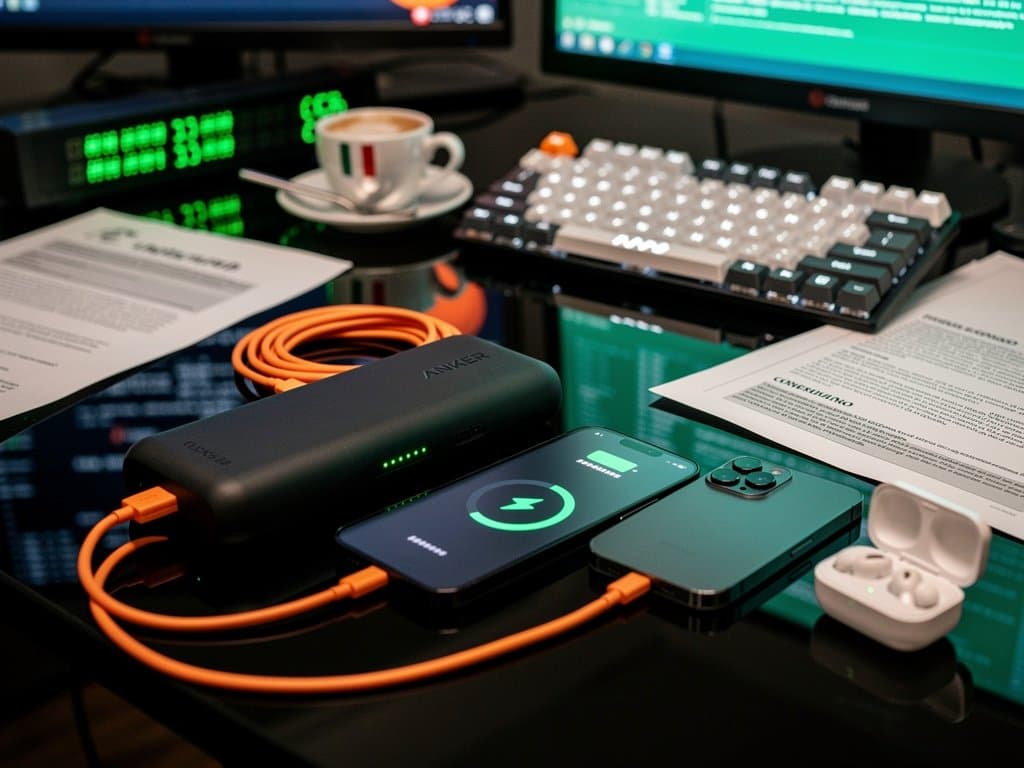 Schermi trading con grafici Canton CC in rialzo, power bank Anker su scrivania high-tech sala moderna