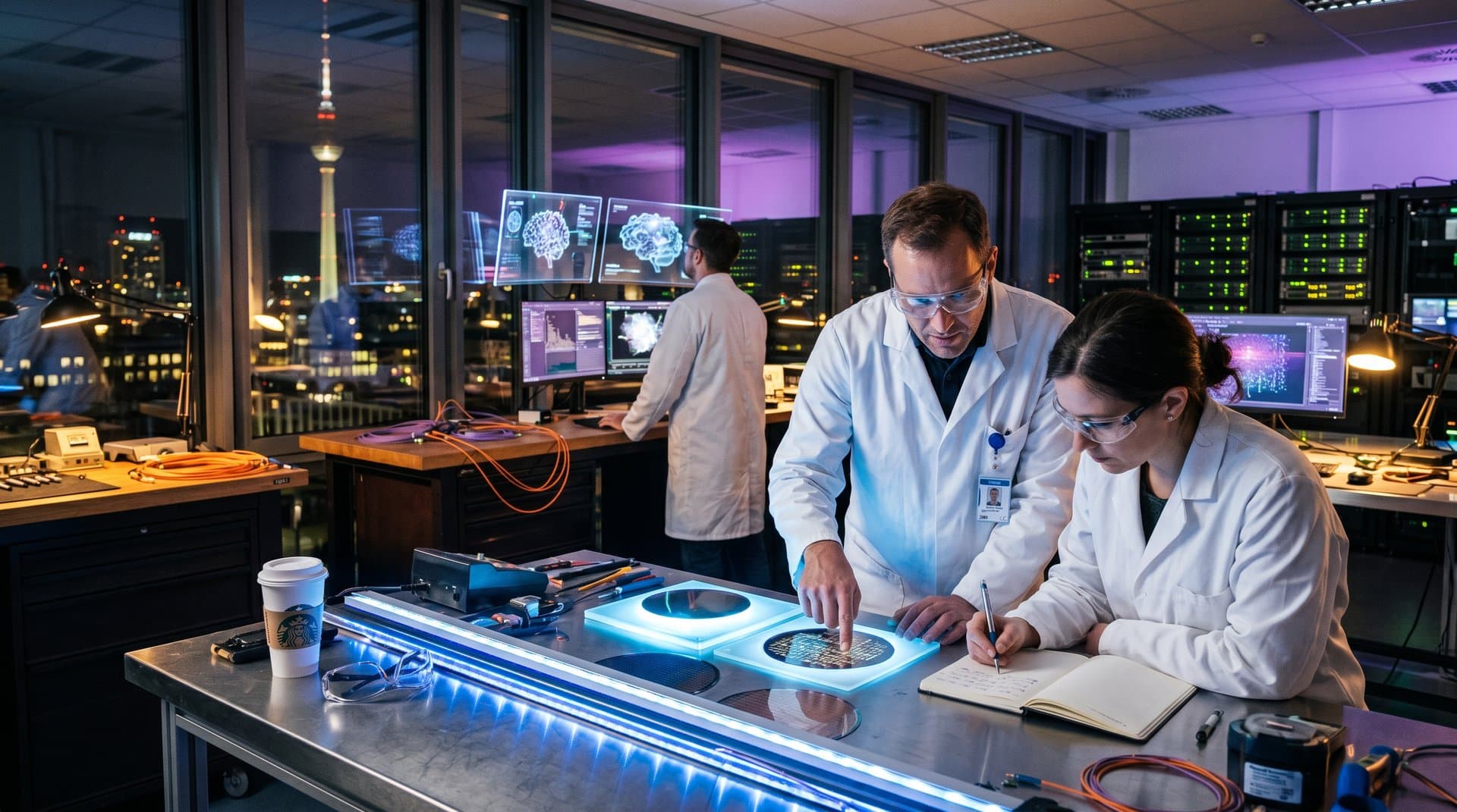 Prototipi chip AI Marvell-Google su banco laboratorio high-tech con diagrammi neurali e luci LED