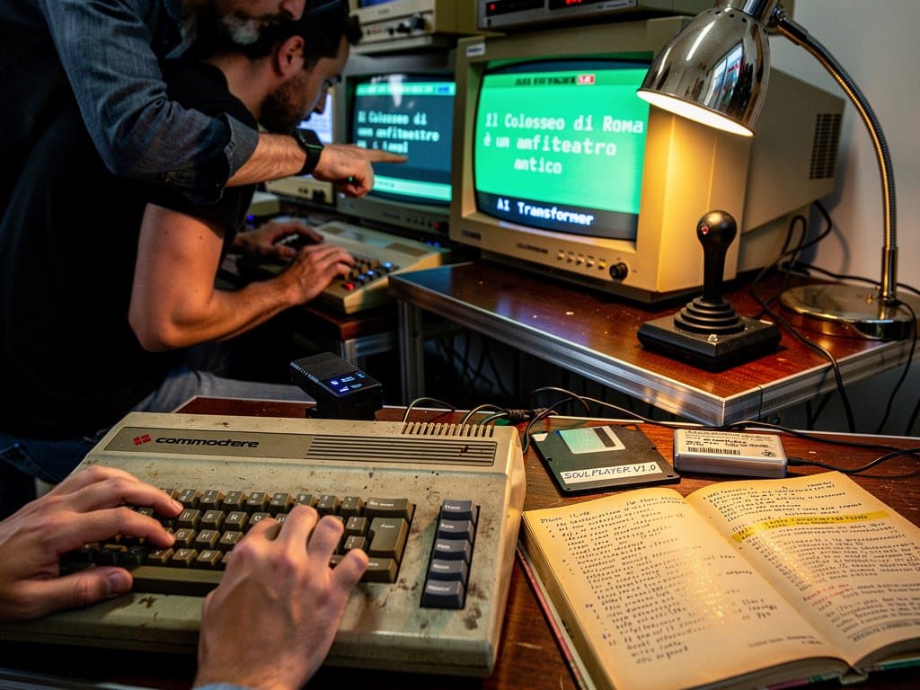 Commodore 64 con screen AI Transformer in workshop retrò italiano