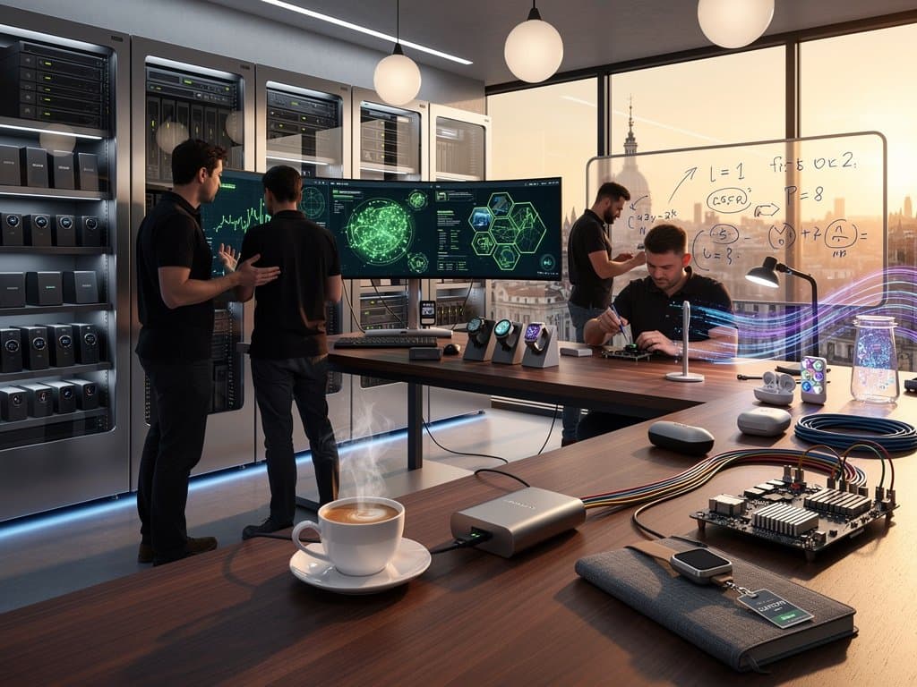 Laboratorio high-tech con monitor AI, grafici blockchain e prototipi gadget portatili in ambiente moderno illuminato