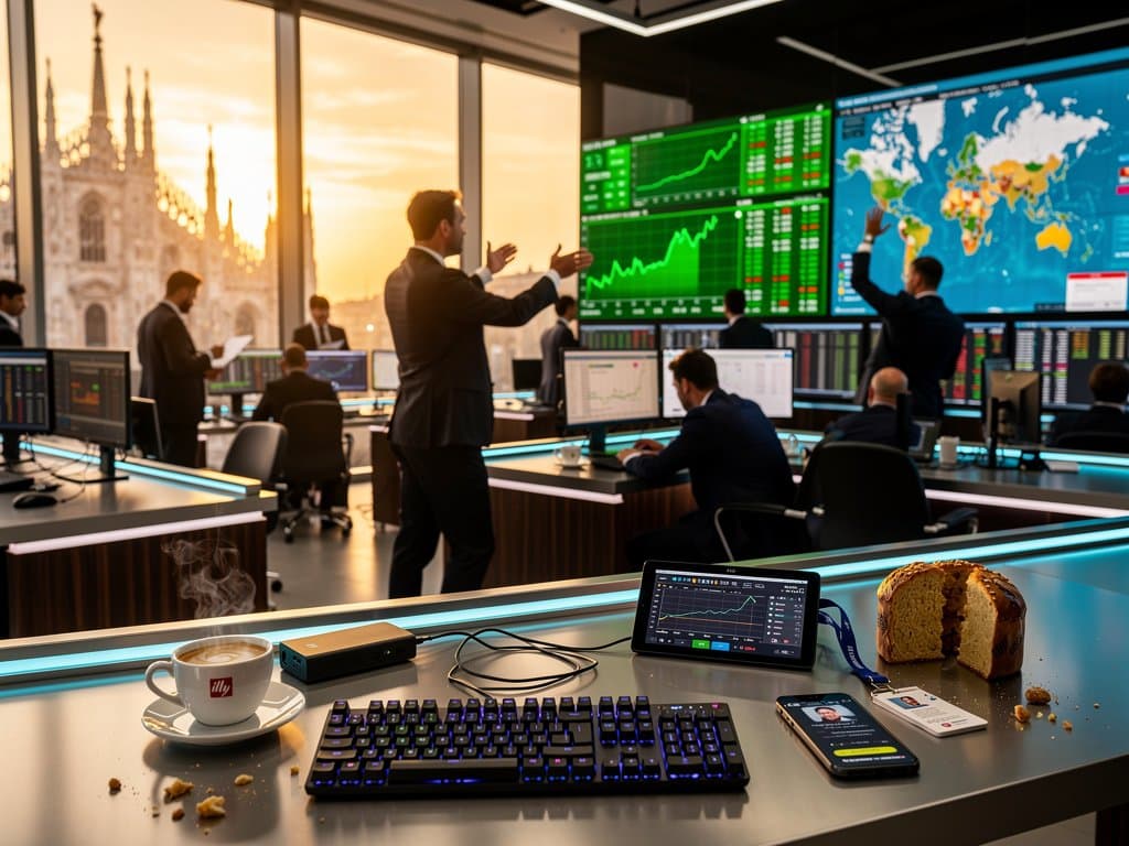 Sala trading Milano con grafici Canton CC in verde su Bloomberg, analisti al lavoro su supply chain gadget portatili