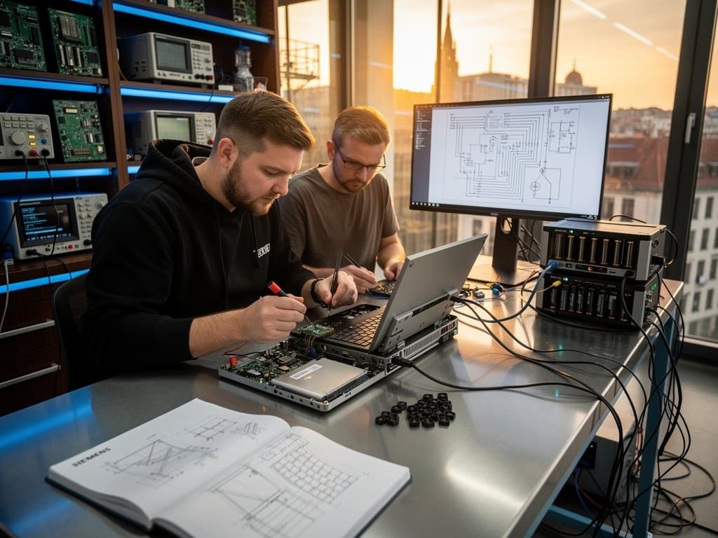 Laptop MNT Reform smontato in laboratorio berlinese con componenti modulari e batteria LiFePO4