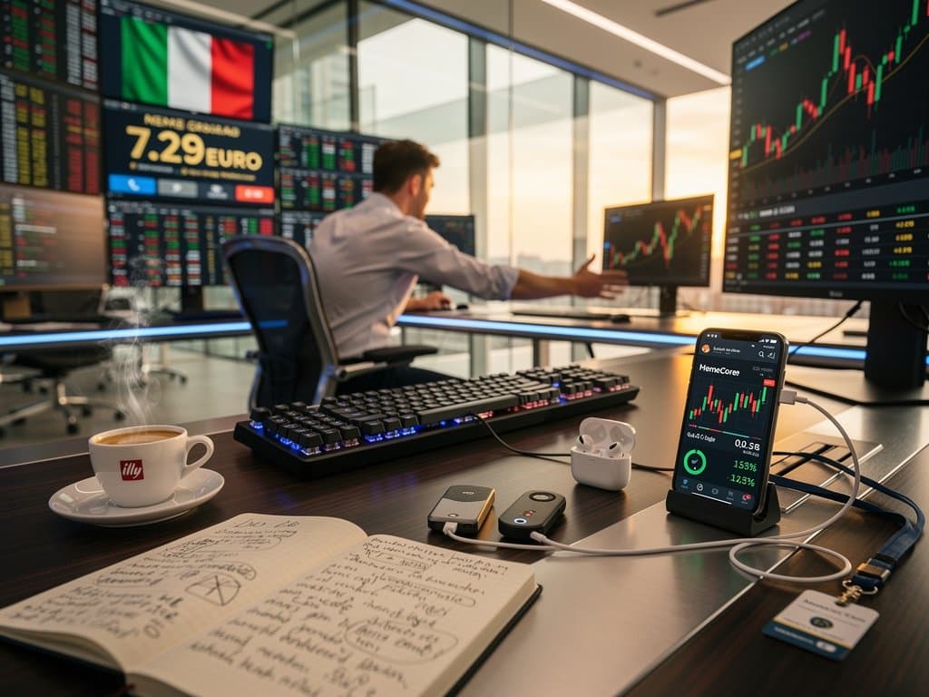 Gadget crypto portatili Ledger e Trezor con smartphone e grafici MemeCore surge su tavolo tech italiano