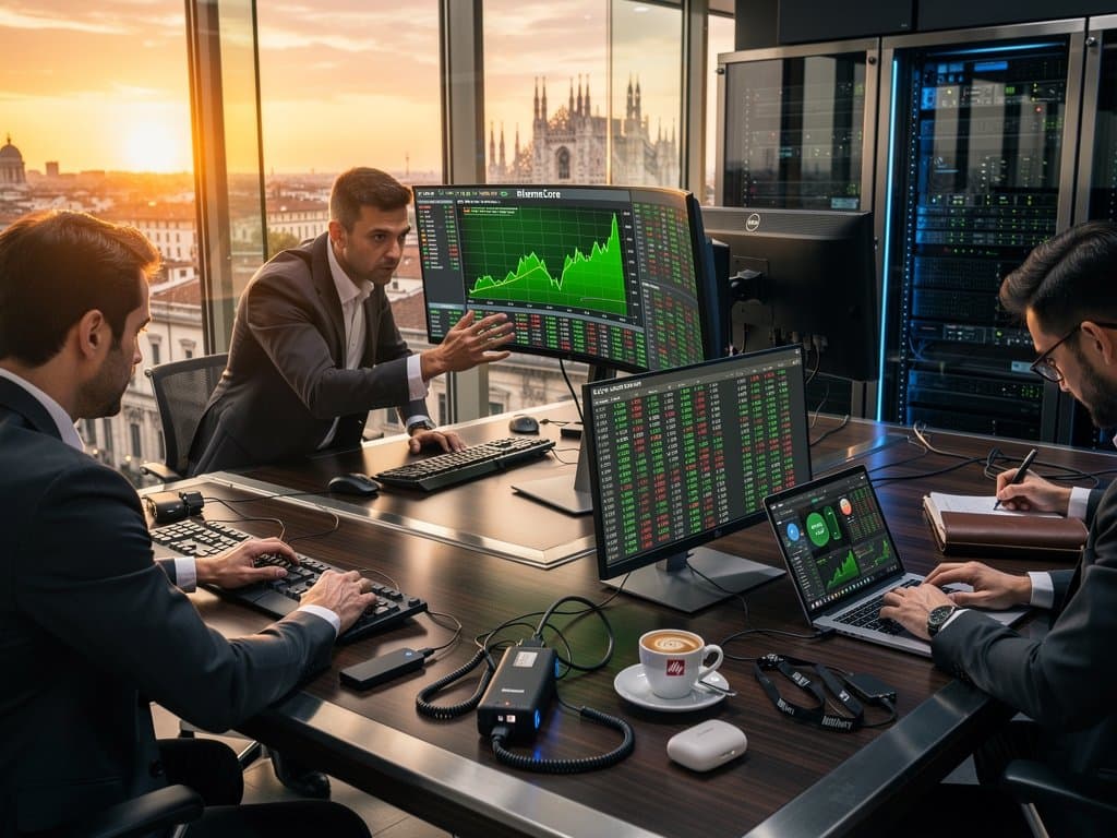 Grafici MemeCore +21,6% a 4,29$ su schermi trading con wallet Ledger e USB miner in setup tech Milano