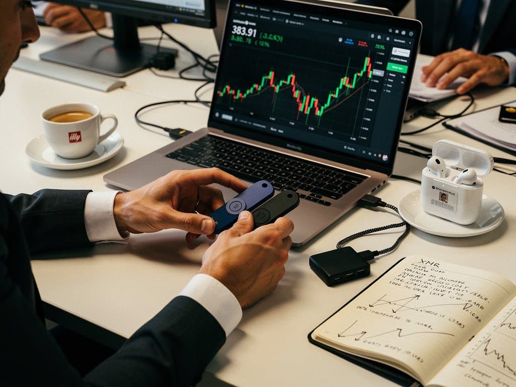 Ledger Nano X e Trezor su desk con grafico Monero XMR in rialzo, focus privacy hardware per trader italiani